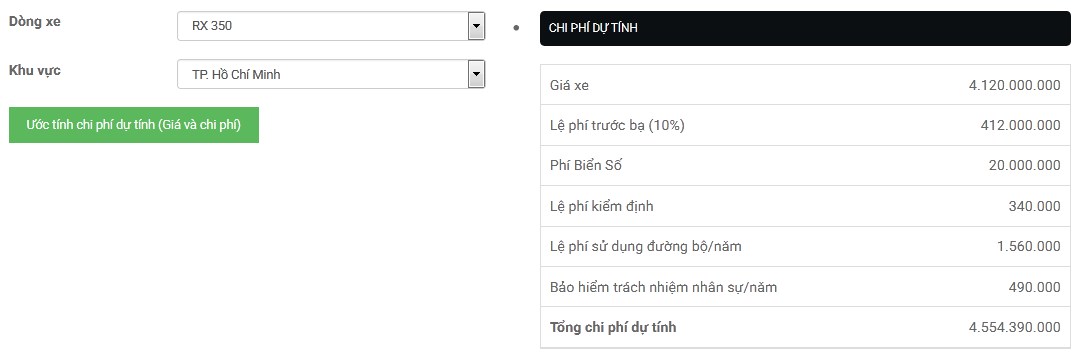 Bảng giá lăn bánh Lexus RX 350